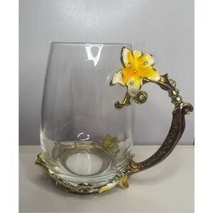 ARC of France Glass Tea Coffee Cup Jeweled Floral Enameled Gold Handle